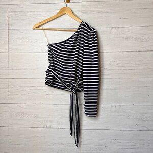 Sofia Vergara Blouse Womens Size Small Navy & White Striped One Shoulder Tie